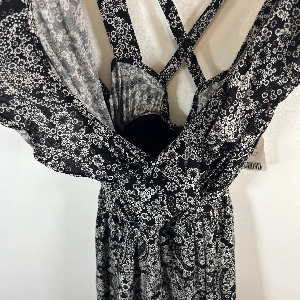 Free People Floral Paisley Ruffle Romper‎ Black White OB514093 Size 10 NWT